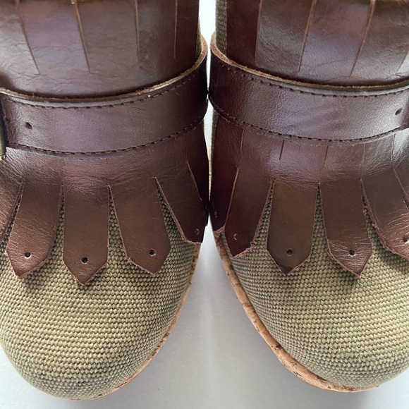 Frye Pepper Kilte Slingbacks Wedges 7.5 Fabric Leather Cork Fringe Heel Women’s - Picture 6 of 12